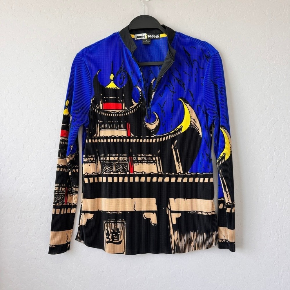 Jamie Sadock Medium Top Blue Long Sleeve Pagoda Graphic Pleated Quarter Zip Mock